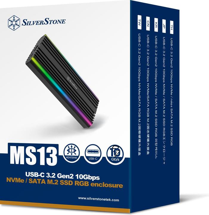 Actual product image Silverstone Technology SST-MS13 - USB-C 3.2 Gen2 10 Gbps NVMe / SATA M.2 SSD RGB Enclosure, 71175, Sc (M.2)