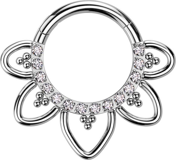 Actual product image Star Piercing Micro segment ring hinged silver front crystals silver filigree hearts (without brass, Titanium G23)