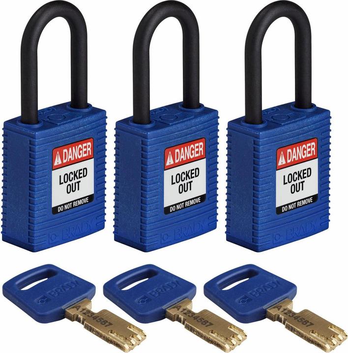 Productafbeelding Brady Safekey nylon veiligheidsslot met nylon beugel, blauw, beugelhoogte 38 mm, beugeldiameter 6,4 mm