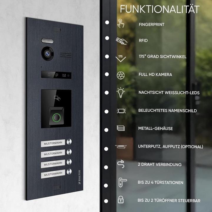 Produktbild Balter EVO-HD Video-Türsprechanlage mit Fingerprint für 4-Familienhaus (App, Kabelgebunden)