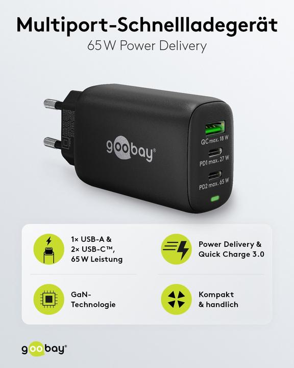 Immagine prodotto Goobay Caricatore rapido USB-C PD a 3 porte 65 W nero (65 W)