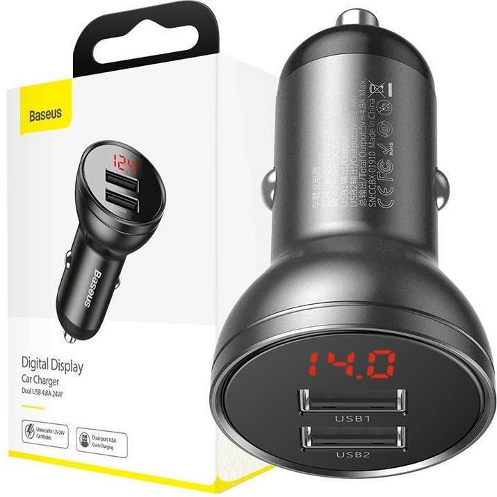 Produktbild Baseus Digital Display Dual USB 4.8A Car Charger 24W Grey