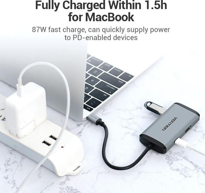 Produktbild Vention USB-C Docking Station to HDMI, 3x USB3.0, RJ45, PD 0.15m CNCHB, gray (USB-C, 4 Ports)