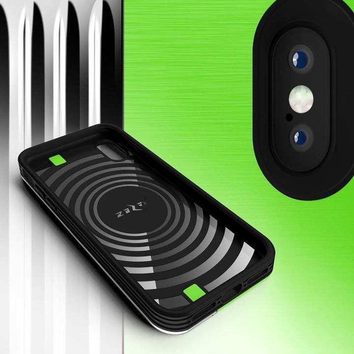 Produktbild Zizo Retro Series – iPhone Xs/X-Hülle mit Kartenfach + Ständer + 9H-Glasscheibe (Neongrün/Silber) (Apple iPhone XS)