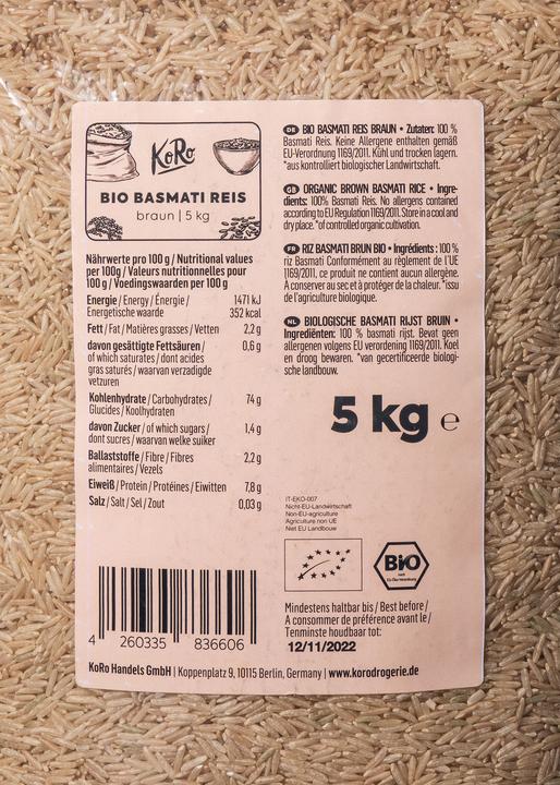 Valeurs nutritives et ingrédients KoRo Riz basmati (5000 g)