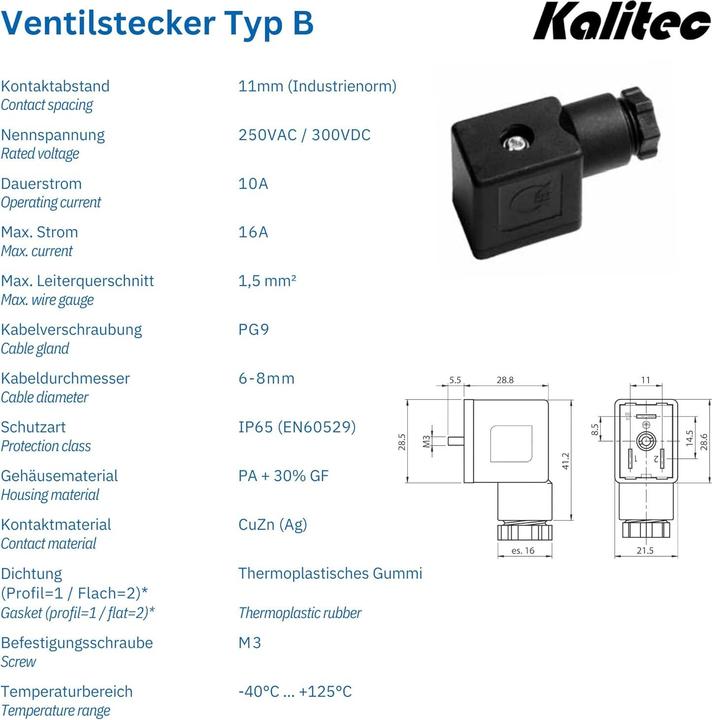 Actual product image Kalitec 5 Stück Ventilstecker Bauform B schwarz 3 polig I Kontaktfläche 28 x 21,5 mm² I PG9 I Kontak