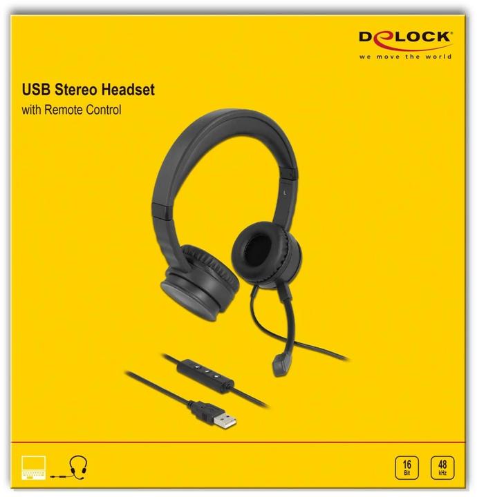 Produktbild Delock USB Stereo Headset mit Kabelfernbedienung und Quick-Mute Taste für PC und Notebook (Kabelgebunden, USB-A)