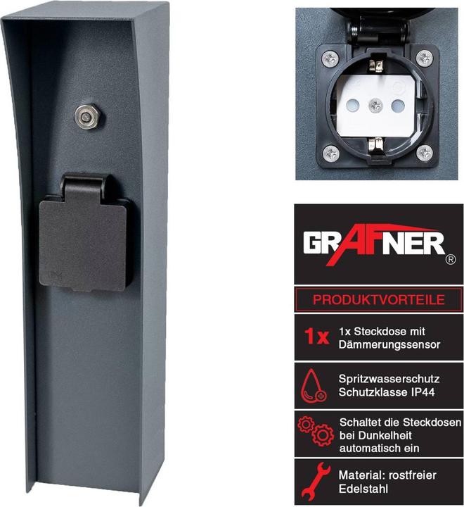 Produktbild Grafner Steckdosensäule anthrazit mit Dämmerungssensor Edelstahl Gartensteckdose Energiesäule