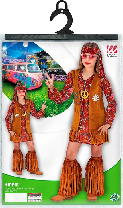 Actual product image Widmann HIPPIE (dress, waistcoat, headband, boot covers with fringes), 128 cm / 5-7 years (128)