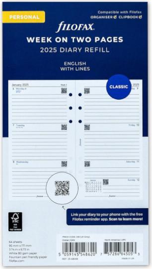 Produktbild Filofax Einlage Personal Kalendarium 7 Tage auf 2 Seiten englisch (Kein Einband, Englisch)