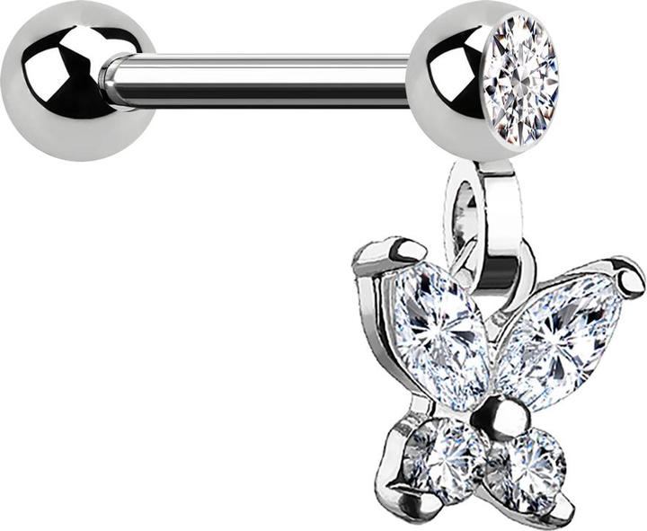 Star Piercing Micro Barbell silber mit Kugel und Anhänger Schmetterling (Chirurgenstahl 316L, Messing)
