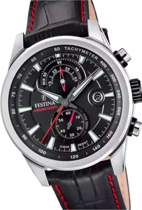 Produktbild Festina Timeless Chronograph Uhr F20695/6 Schwarzes Lederarmband, Herren (Chronograph, 44 mm)