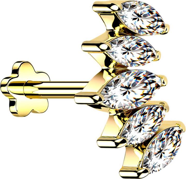 Star Piercing Micro Threadless Labret Blume vergoldet Fächer vergoldet mit fünf Kristalle silber (Titan G23, ohne Messing)