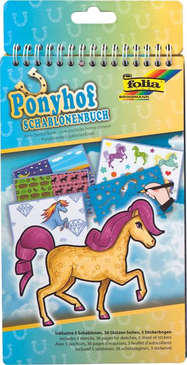 Produktbild Folia Bringmann 41101 - Schablonenbuch Ponyhof, Block mit 36 Malvorlagen, 5 Schablonen und 3 Stick
