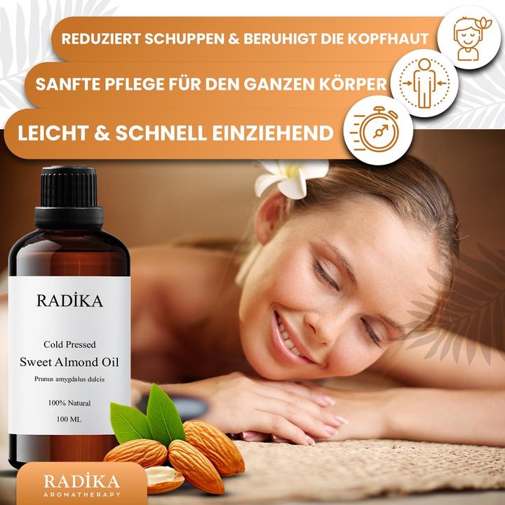 Image du produit Radika Huile d'amande douce, pressée à froid, 100% pure, BIO, naturelle, 100 ml (Huile pour le corps, 100 ml)