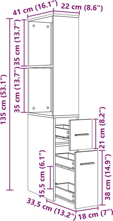 Produktbild VidaXL Badschrank Hochschrank Nischenschrank Schmal mit Rollen Grau Sonoma (22 x 41 x 135 cm)