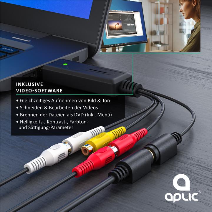 Produktbild Aplic USB Audio Video Grabber, Video Audio Wandler, Videoadapter zur Nachbearbeitung, VHS, für Windows 11 (USB 2.0, analoges Fernsehsignal)