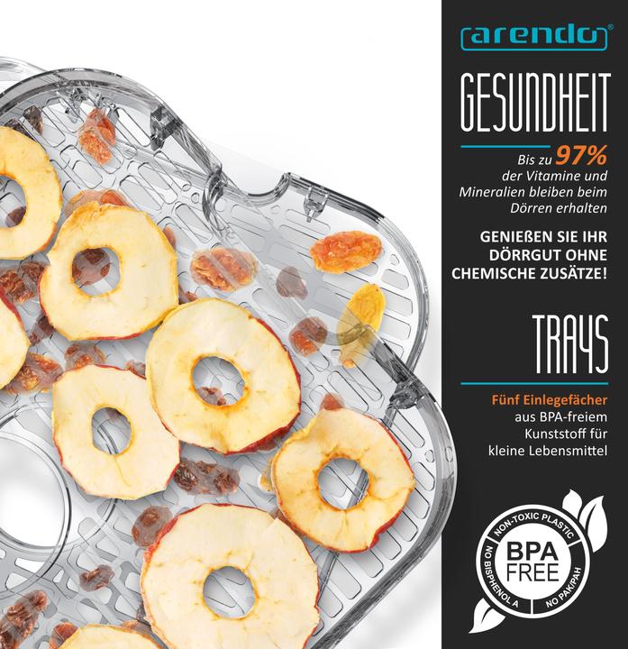 Actual product image Arendo Dörrautomat mit Temperaturregler, 5 Etagen, 35-70°C, Edelstahl, Dörrgerät 400 W, Timer 24h, BPA-frei