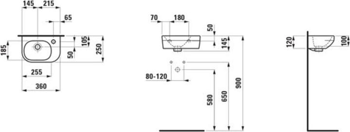 Produktbild Laufen Lua Handwaschbecken, 1 Hahnloch rechts, Becken links, ohne Überlauf, 360x250mm, H815080 (250 mm, 360 mm)