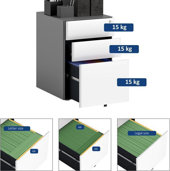 Immagine prodotto Swisshandel24 Rollcontainer, mobiler Aktenschrank mit 3 Schubladen, abschliessbar, 39x48x59cm, weiss+grau (39 x 48 x 59 cm)