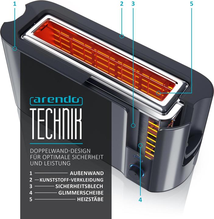 Produktbild Arendo Toaster Edelstahl 2 Scheiben Langschlitz, Doppelwand, Display mit Restzeitanzeige, Brötchenaufsatz
