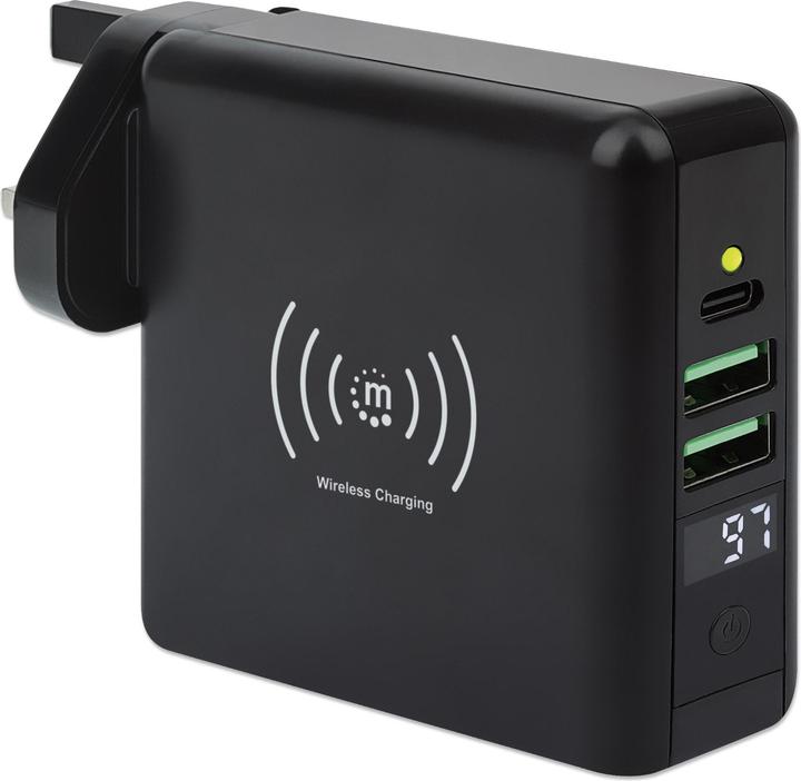 Manhattan 4-in-1 Reiseladegerät und Powerbank 8.000 mAh Ein kabelloses 5 W-Induktionsladepad, zwei 12 W USB-A- (8000 mAh, 5 W, 29.60 Wh)