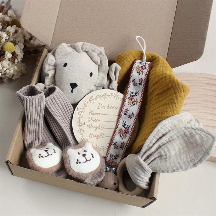 Activity Board Baby Baumwolle Tröster Decke Lätzchen Socken Stirnband 6Pcs Set Geschenke Box hölzerne Rassel
