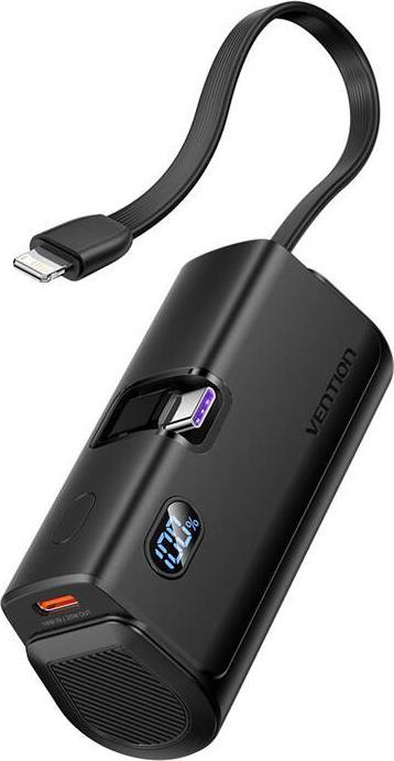 Produktbild Vention LED Display 4800mAh Power Bank (USB-C + Lightning + USB-C) 22.5W Black Foldable USB-C Type (4800 mAh, 18 W, 17.76 Wh)