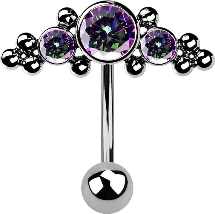 Hollywood Body Jewelry Micro Threadless Banane silber mit Kugel und Aufsatz mittig mit Kugeln und drei Kristallen dunkel mu (ohne Messing, Titan G23)