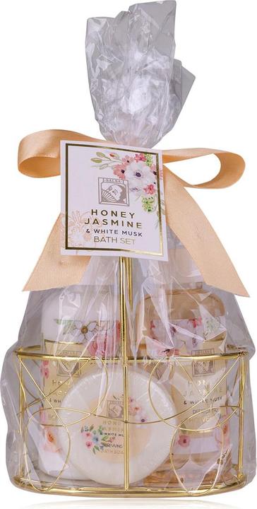 Produktbild Accentra Badeset HONEY JASMINE in Drahtkorb, inkl. 100ml Duschgel, 100ml Bodylotion, 30g Seife, Duft: Honey J (Körperpflegeset, Haarpflege set)