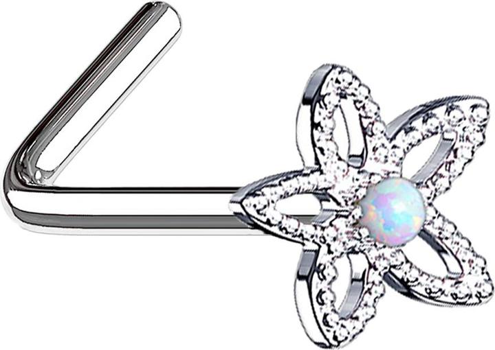 Star Piercing Nasenstecker gewinkelt silber filigrane Opal Blume weiss (Chirurgenstahl 316L, Messing)