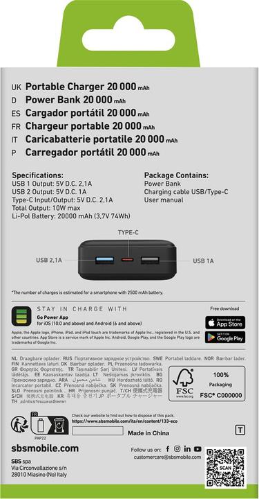Energie-Label SBS Fast Charge Powerbank (20000 mAh, 10 W, 74 Wh)