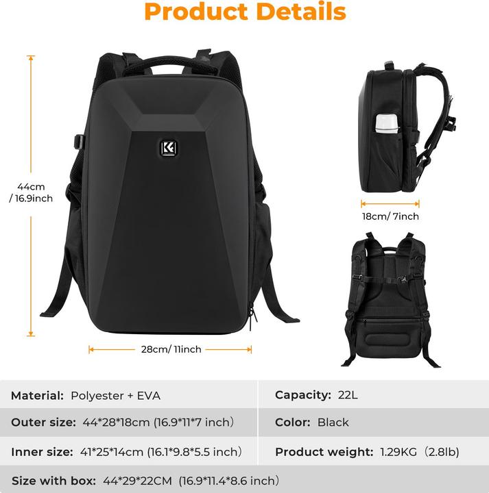 Image du produit K&F Concept Sac à dos 22L Nature Wander 10 (Noir) (Sac à dos photo, 22 l)