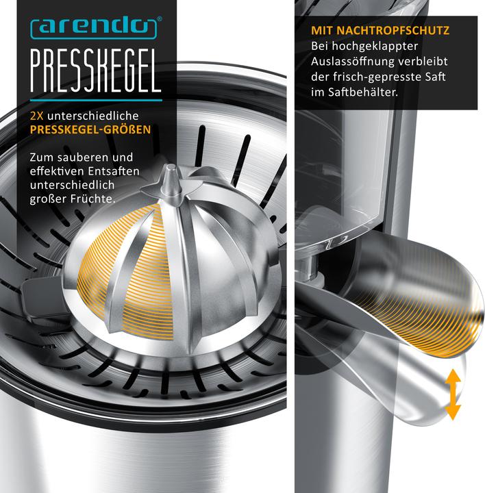 Produktbild Arendo Edelstahl Zitronenpresse, Orangenpresse Limettenpresse Entsafter, 0,4L Behälter, 2 Presskegel, 800W