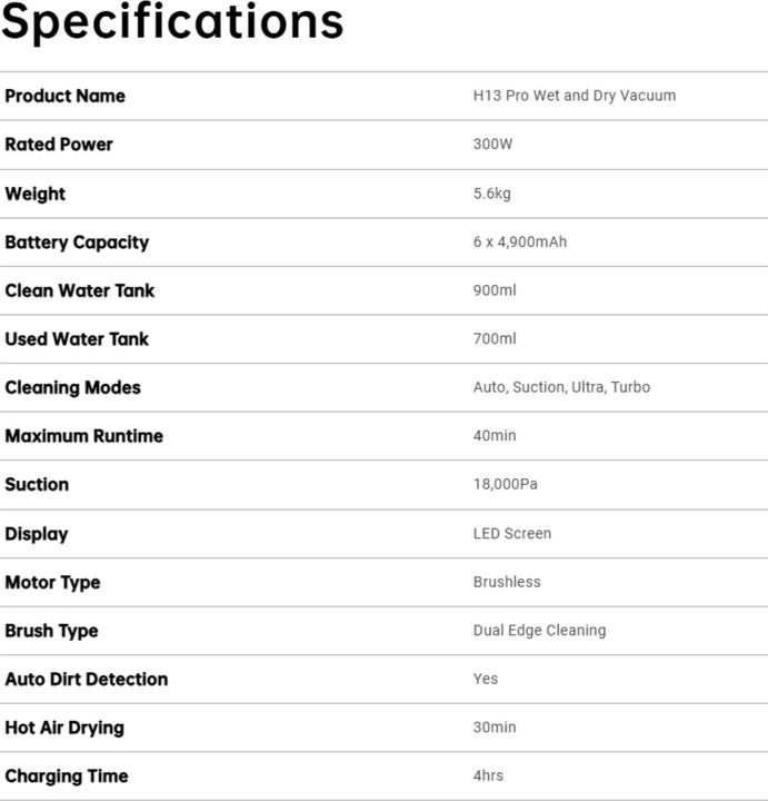 Valori nutrizionali e ingredienti Dreame H13 Pro Wet & Dry Cleaner