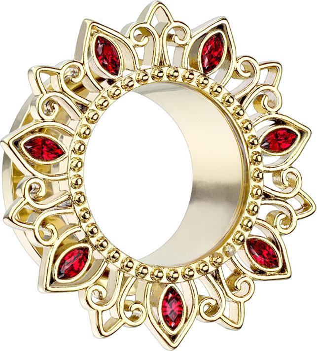 Produktbild Star Piercing Flesh Tunnel vergoldet Lotusblume Kristall rot (Chirurgenstahl 316L, Messing)