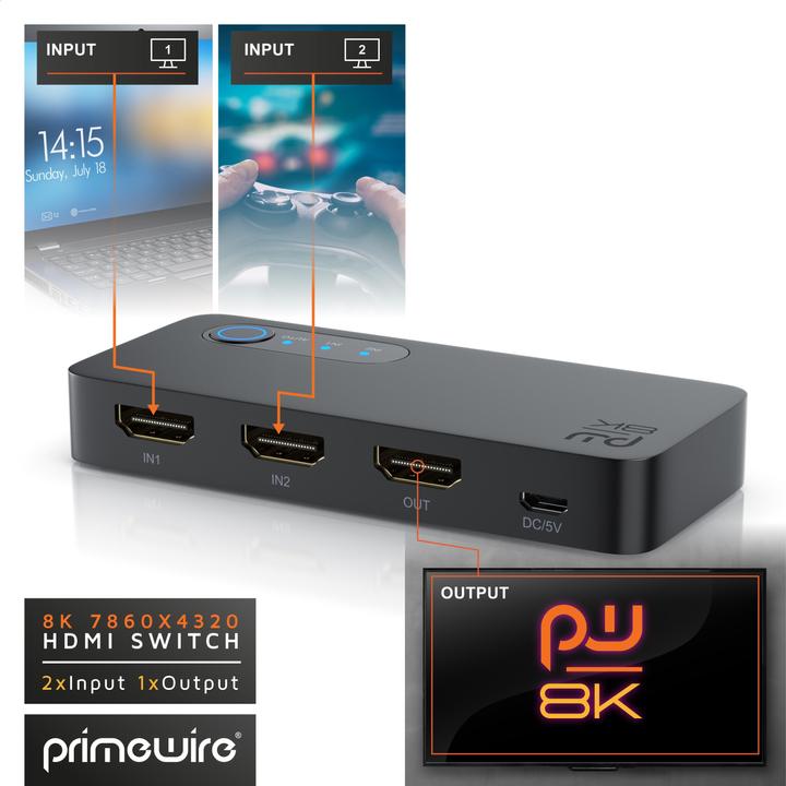 Produktbild Primewire 2-Port HDMI Splitter, 8K Aluminium HDMI Switch 2 in 1 Out UHD, Verteiler, Umschalter, 4K 3D HDR