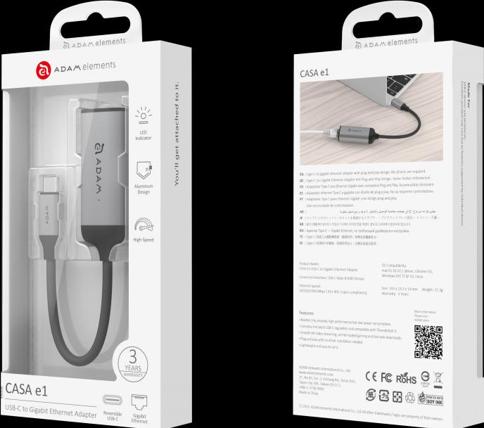 Produktbild Adam Elements CASA e1 - USB-C Ethernet Adapter, grey (USB-C, RJ45 (1x))
