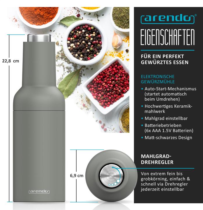 Actual product image Arendo Salz- & Pfeffermühle Elektrisch 2er Set, Gewürzmühlen, Edelstahl, einstellbar, Batteriebetrieben (Pepper, Herbs, Salt)