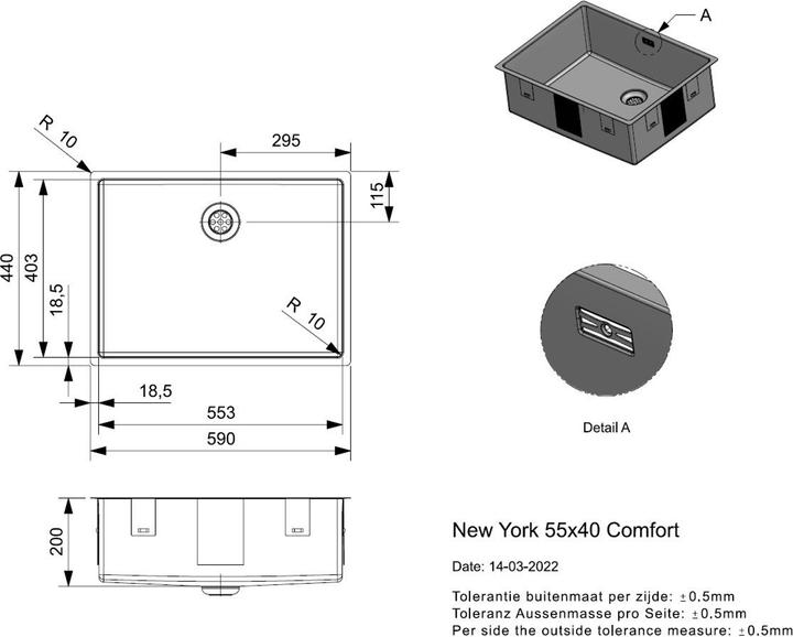 Produktbild Reginox Rechteckiges Spülbecken, Edelstahl Seidenglanz Küchenspüle New York 55x40 cm, R36075 (Einbauspüle, 40.30 cm, 59 cm)