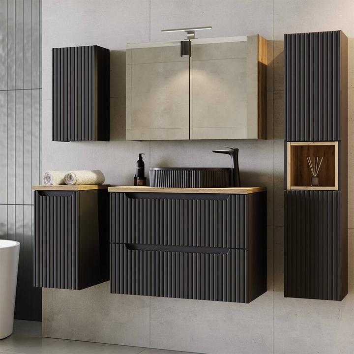 Produktbild En.Casa Waschtischunterschrank Skelbolu 160x60x40 cm Schwarz/Eiche