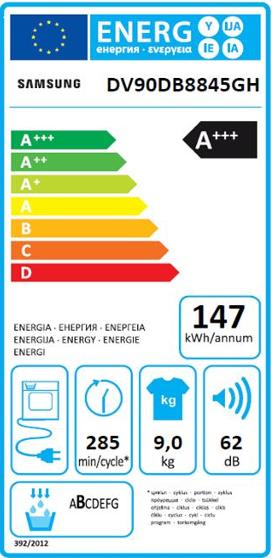 Etichetta energetica Samsung Wäschetrockner DV8000, 9kg, A+++ (9 kg, A destra)