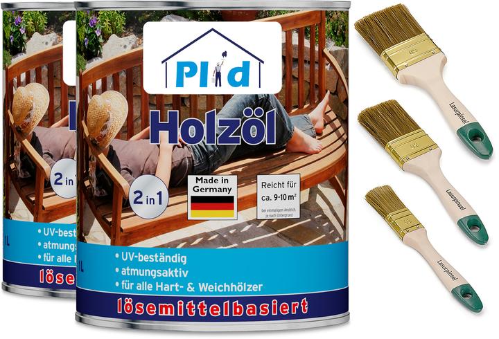 Produktbild Plid Holzöl 2L für ca. 20m² + Pinselset 3-tlg / Holz Pflegeöl Gartenmöbel (Farblos, 2 l)