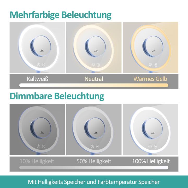 Produktbild Emke Kosmetikspiegel mit Beleuchtung, 1/3-facher Vergrößerung, 90° schwenkbar, Touch-Schalter und Memory-