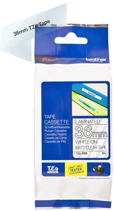 Actual product image Brother Matt laminated label tape cassette TZeM65 White on transparent background, TZe, 8 m, 3.6 cm (3.60 cm, Transparent)