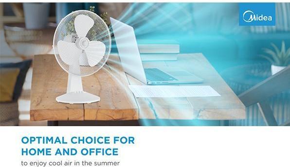 Actual product image Midea Table fan,,, 3 speeds, mechanical, noise level:, Oscillation 80°, Tilting +24° -12° (60 dB)