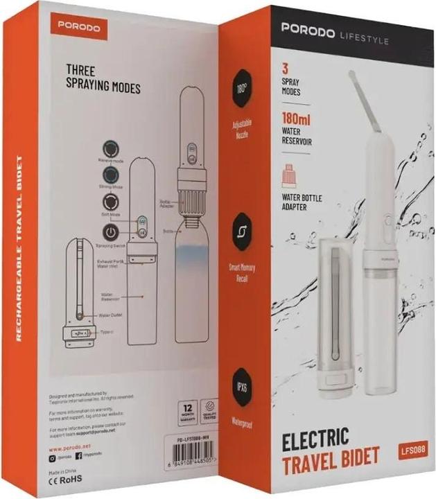 Actual product image Porodo Lifestyle Rechargeable Handy Bidet 180ml 800mAh with 3 Adjustable Modes - Whi (Hygiene product)