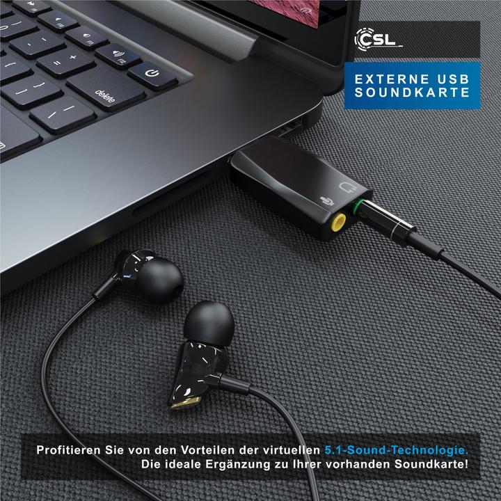 Produktbild CSL USB Soundkarte 5.1 Kanäle, Extern, 5.1 Virtual Surround, Line-Out & Mikrofon-In Anschlüsse, schwarz (USB 2.0)