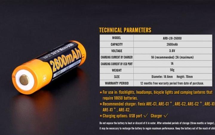 Actual product image Fenix Akku 18650, mehrfach geschützt mit USB Ladefunktion, mit AccuCell AccuSafe (1 pcs., Device specific, 2600 mAh)
