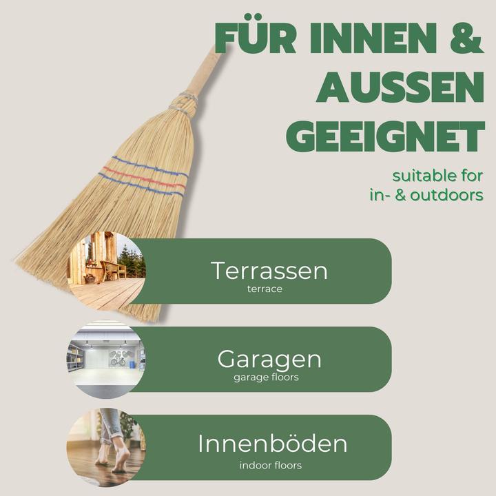 Produktbild Novatool Kleiner Besen Reisigbesen mit Stiel kurz 40cm Strohbesen Kinder Hexenbesen klein Garden Bro (1 Stk.)
